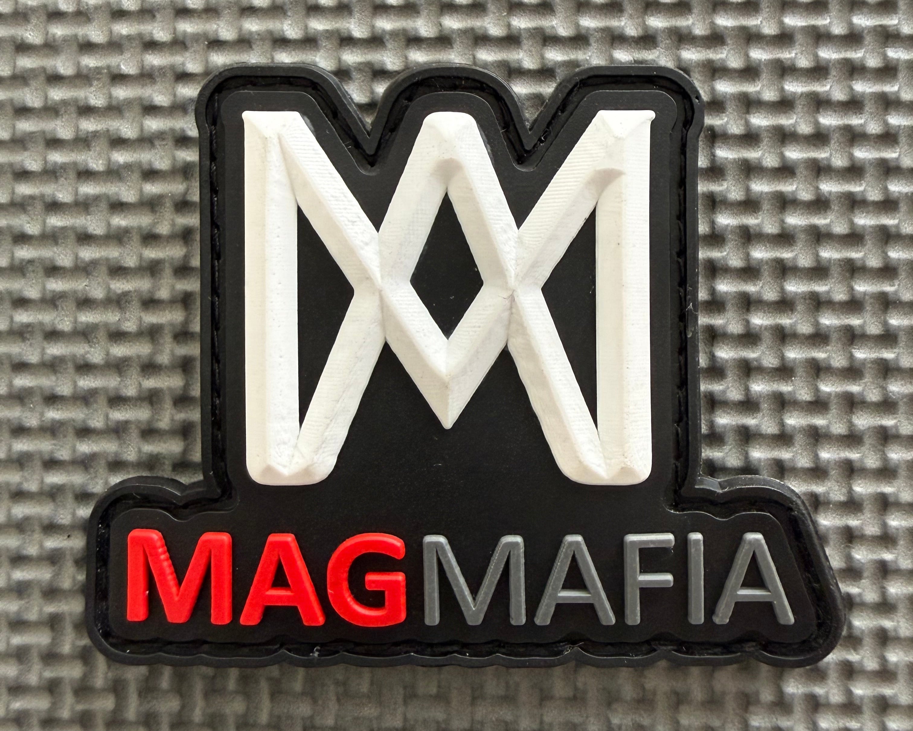 MAG MAFIA patch with white 'M' and red  and gray text on a black background